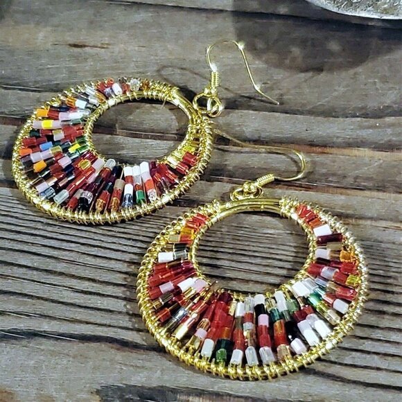 Beaded Red Multi Tiny Glass Beads Gogo Gold Tone Hoop Earrings - Picture 5 of 8